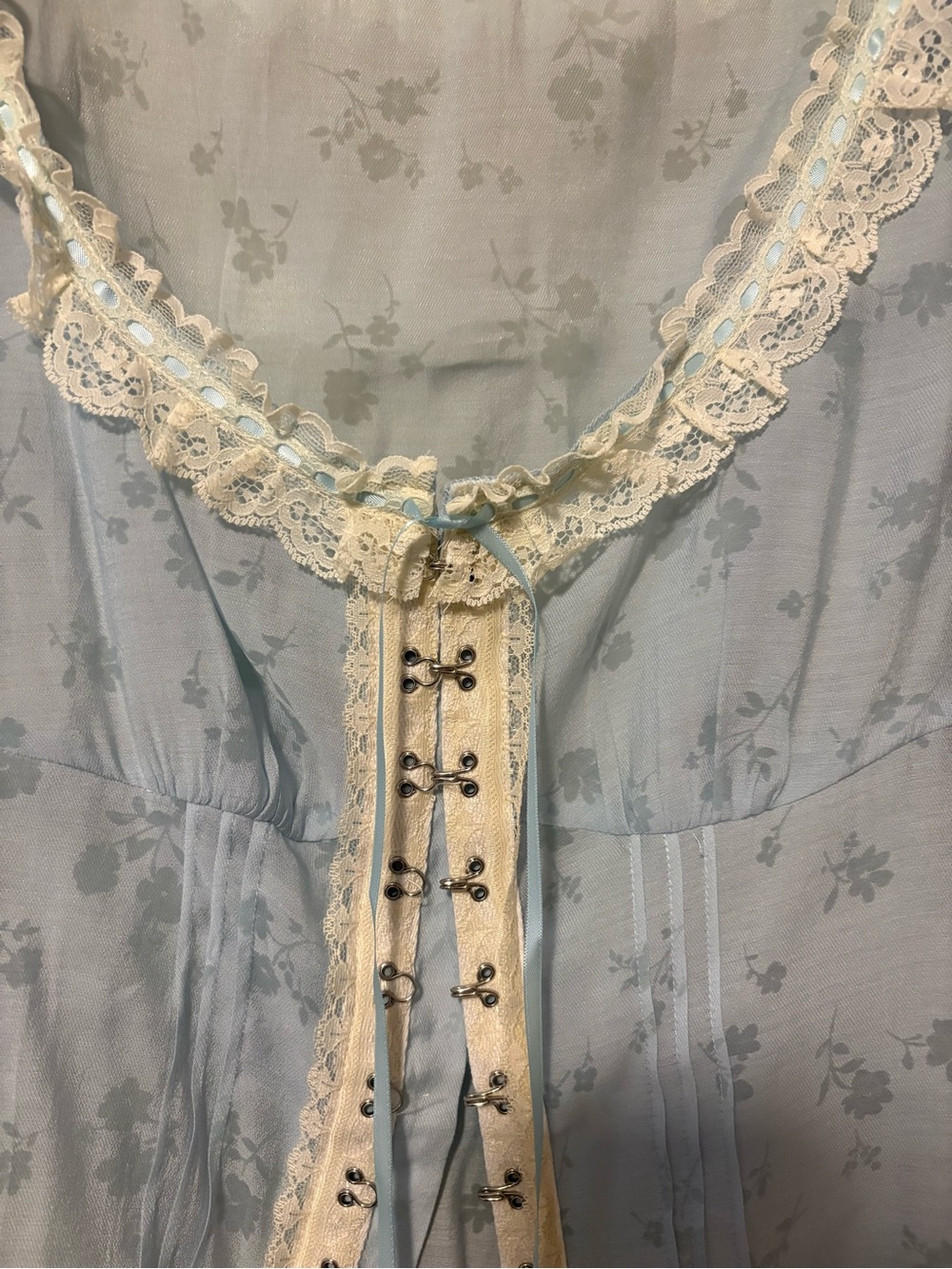 Lacemade- Light Blue Lace-Trim Peasant Blouse - Feminine Puff Sleeve Top - Picture 2 of 3